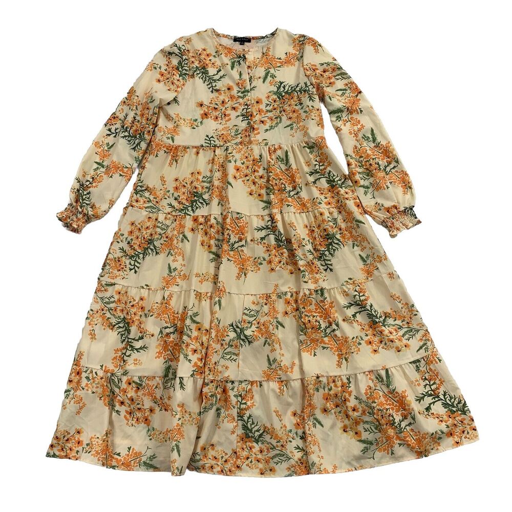 Aly Daly Popover Plunge Long Sleeve Midi Dress Large Cream Yellow Floral Print L